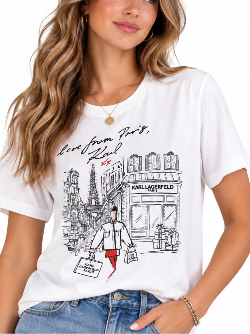 NWT Karl Lagerfeld White Paris Sketch Graphic Tee with Red Accent